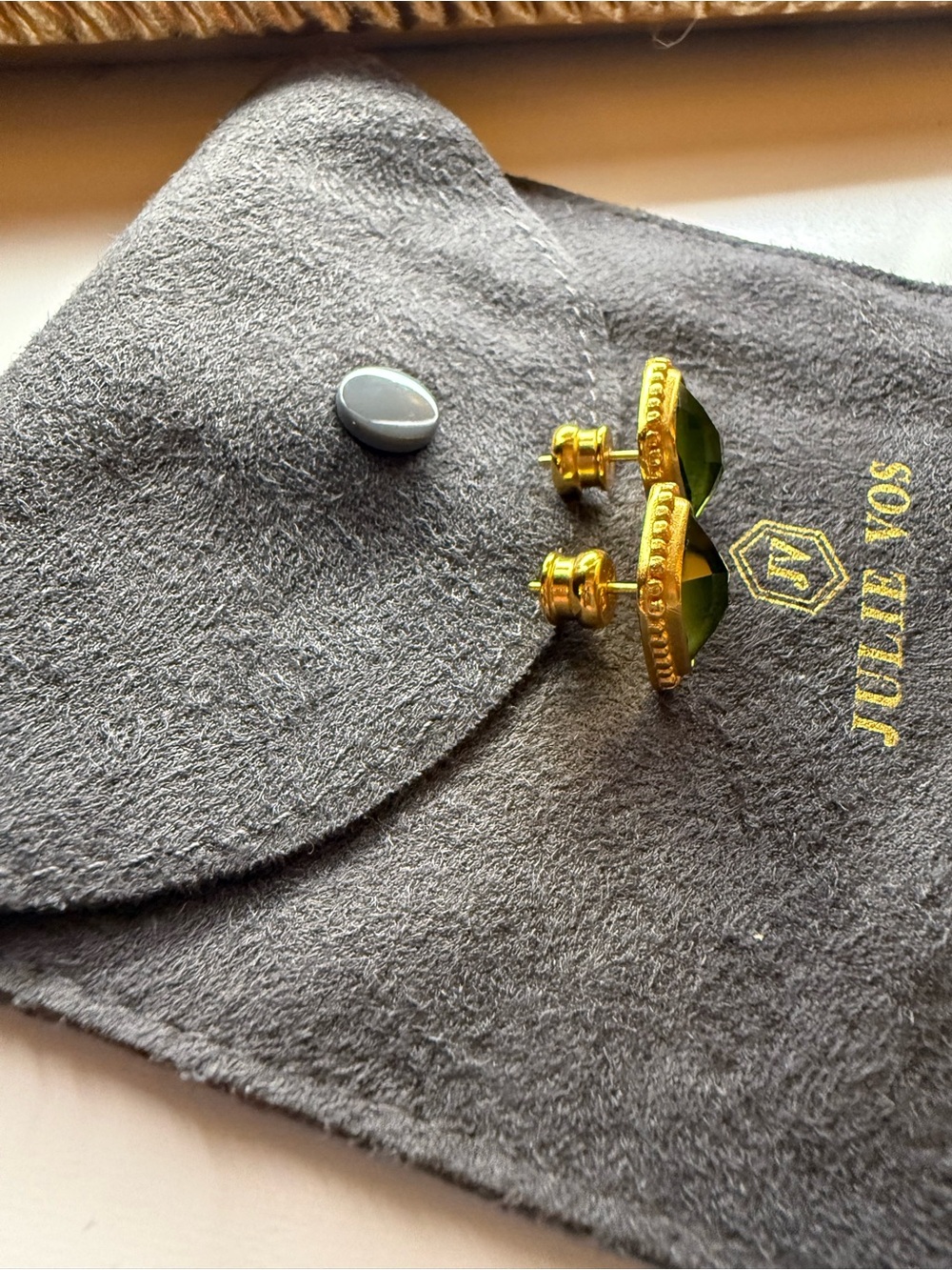 Julie Vos Olive Green Faceted Glass Gold Beaded Square Stud Earrings - Picture 2 of 2